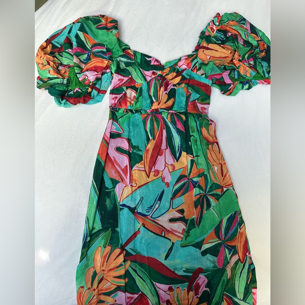 FARM Rio BANANA FOLIAGE MULTICOLOR MIDI DRESS with puff sleeves
